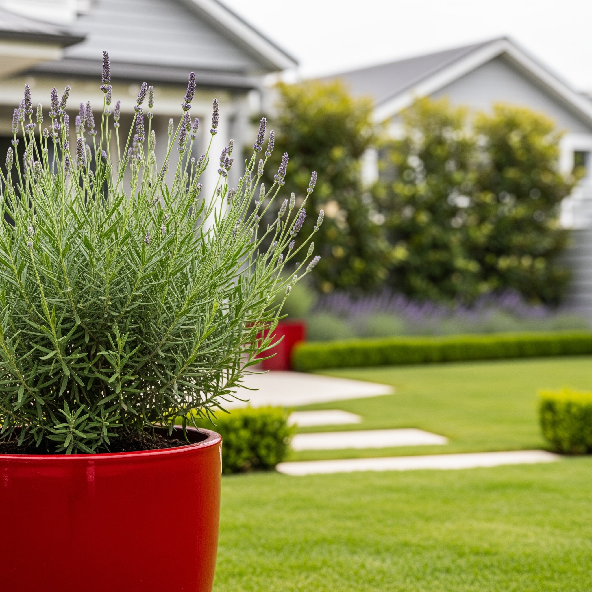 Lavender Cone in Red Luxe Pot - Lavandula stoechas